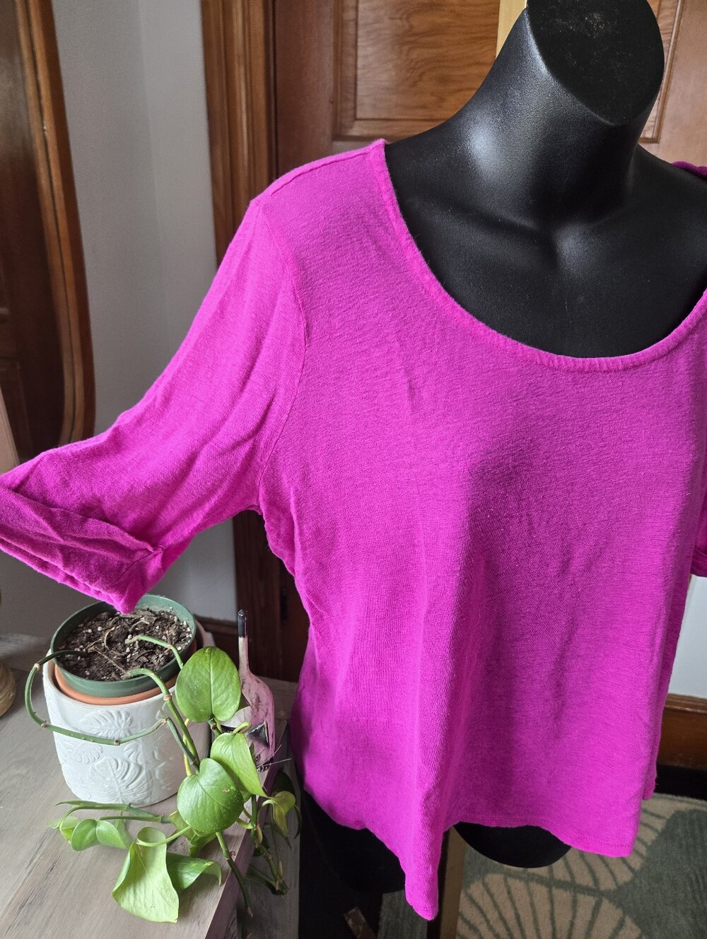 Ralph Lauren Fuschia 100% Linen Wide-Neck 1/2 Sleeve Crop Too XL - Picture 2 of 7